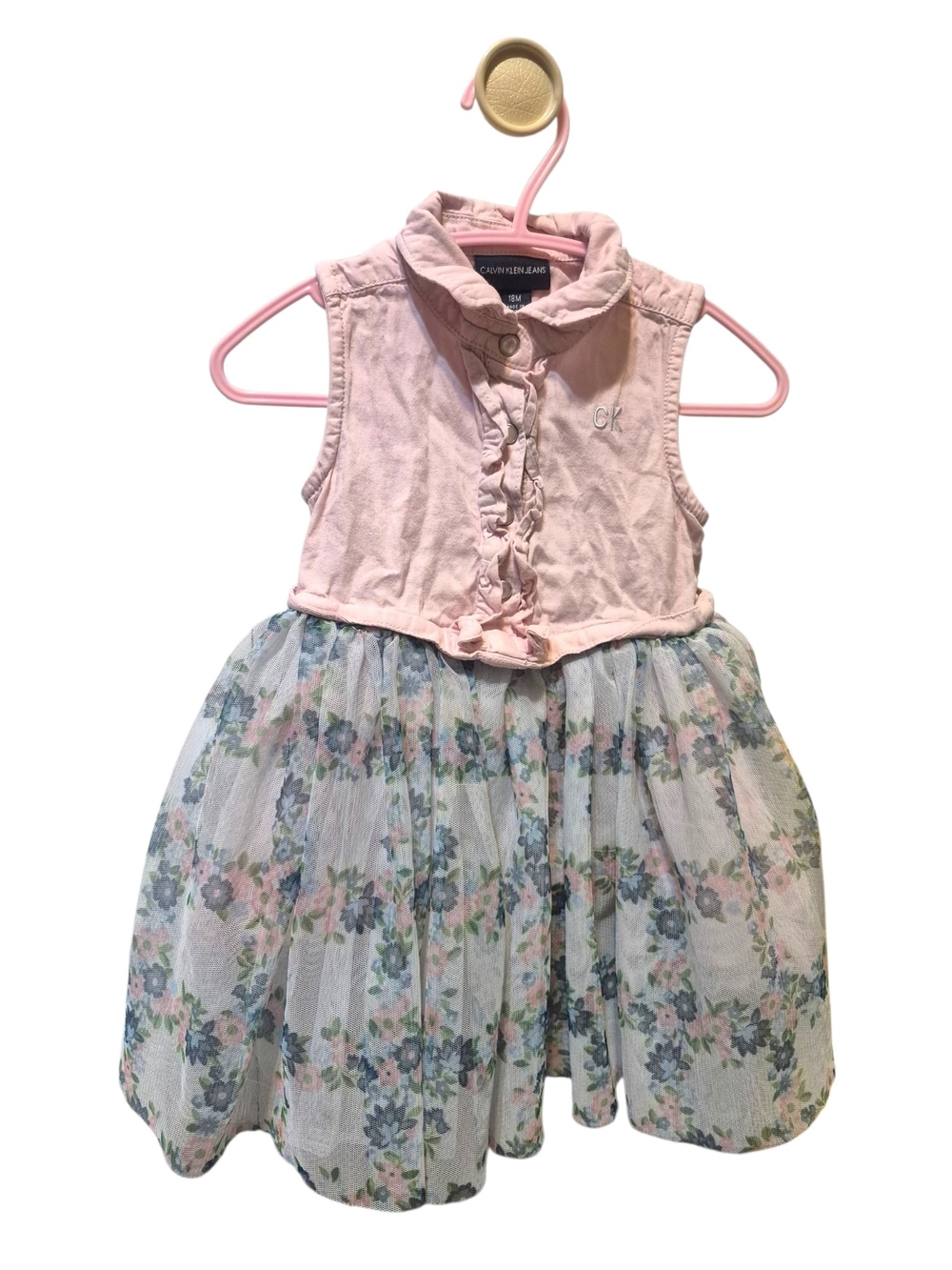 Calvin Klein Pink Ruffle Bodice Floral Tulle Skirt Dress